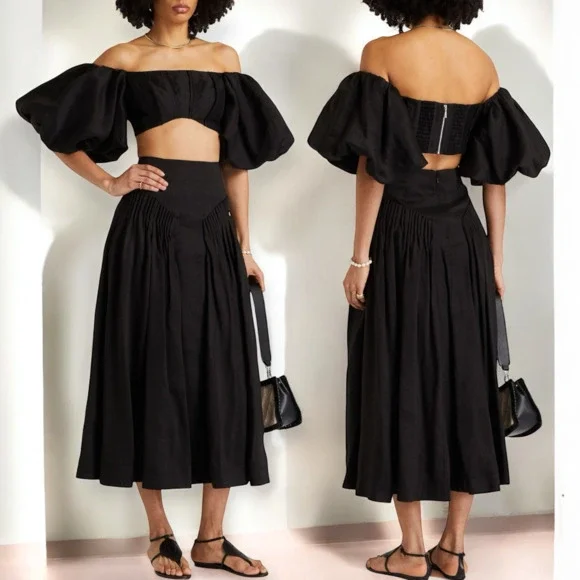 Aje Eugene Off The Shoulder Crop Top Black Puff Sleeves Size 16 US 12 Large NWT - Picture 2 of 8